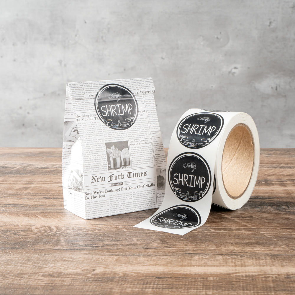 Label Tek Plastic Shrimp Label - Black with White Font, Tamper-Evident - 2" x 2" - 500 count box
