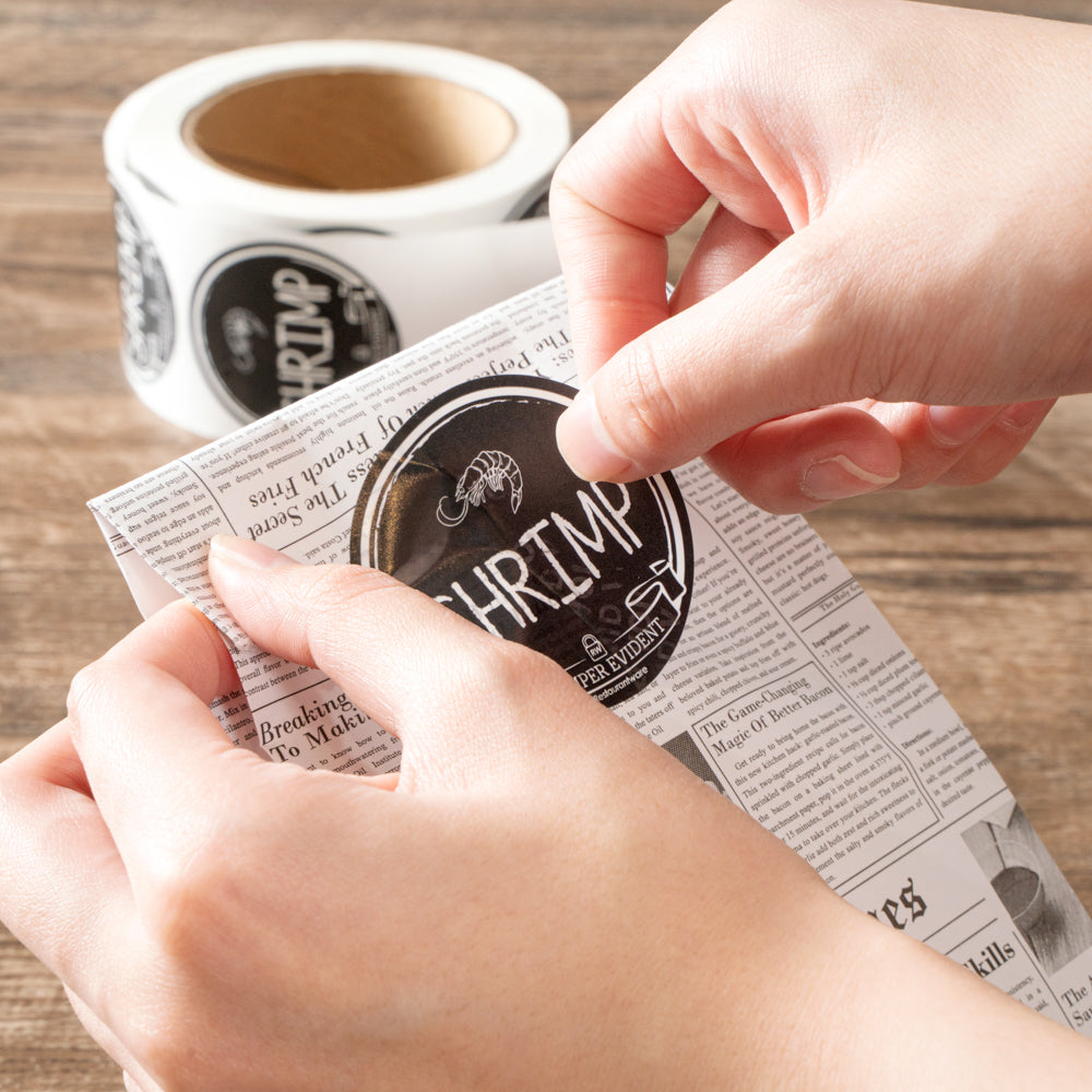 Label Tek Plastic Shrimp Label - Black with White Font, Tamper-Evident - 2" x 2" - 500 count box