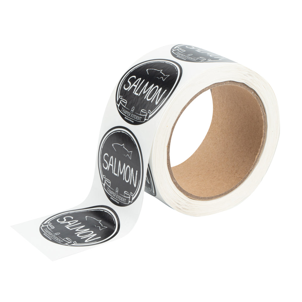 Label Tek Plastic Salmon Label - Black with White Font, Tamper-Evident - 2" x 2" - 500 count box
