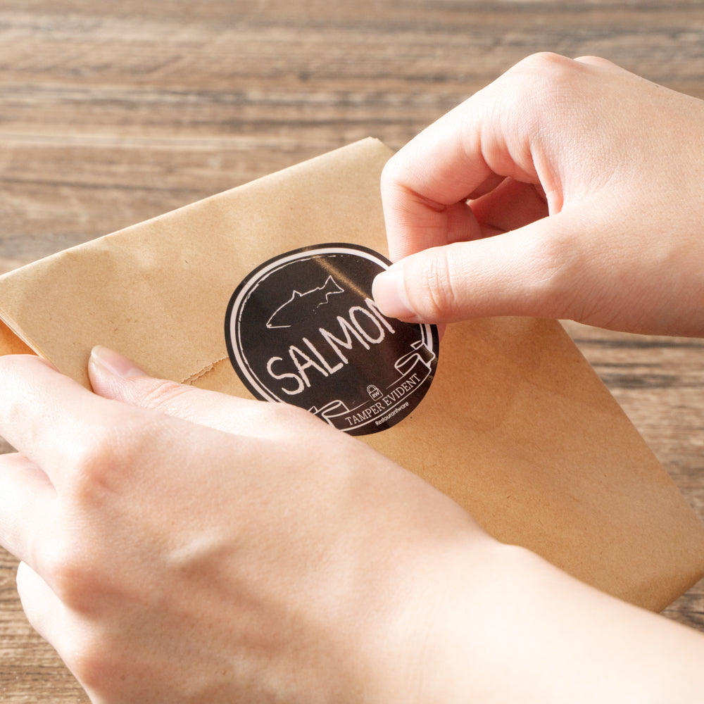 Label Tek Plastic Salmon Label - Black with White Font, Tamper-Evident - 2" x 2" - 500 count box