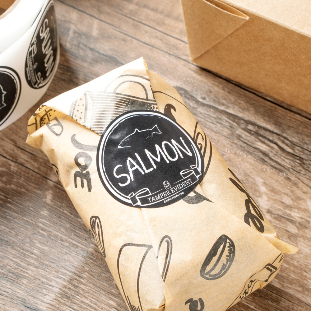 Label Tek Plastic Salmon Label - Black with White Font, Tamper-Evident - 2" x 2" - 500 count box