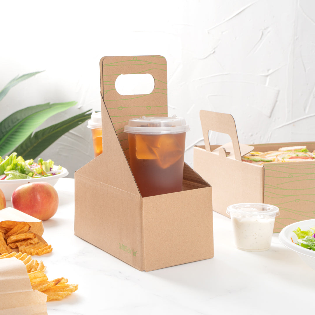 Cater Tek Kraft and Green Paper Drink Carrier - Holds 2 - 9" x 4 1/2" x 4" - 100 count box