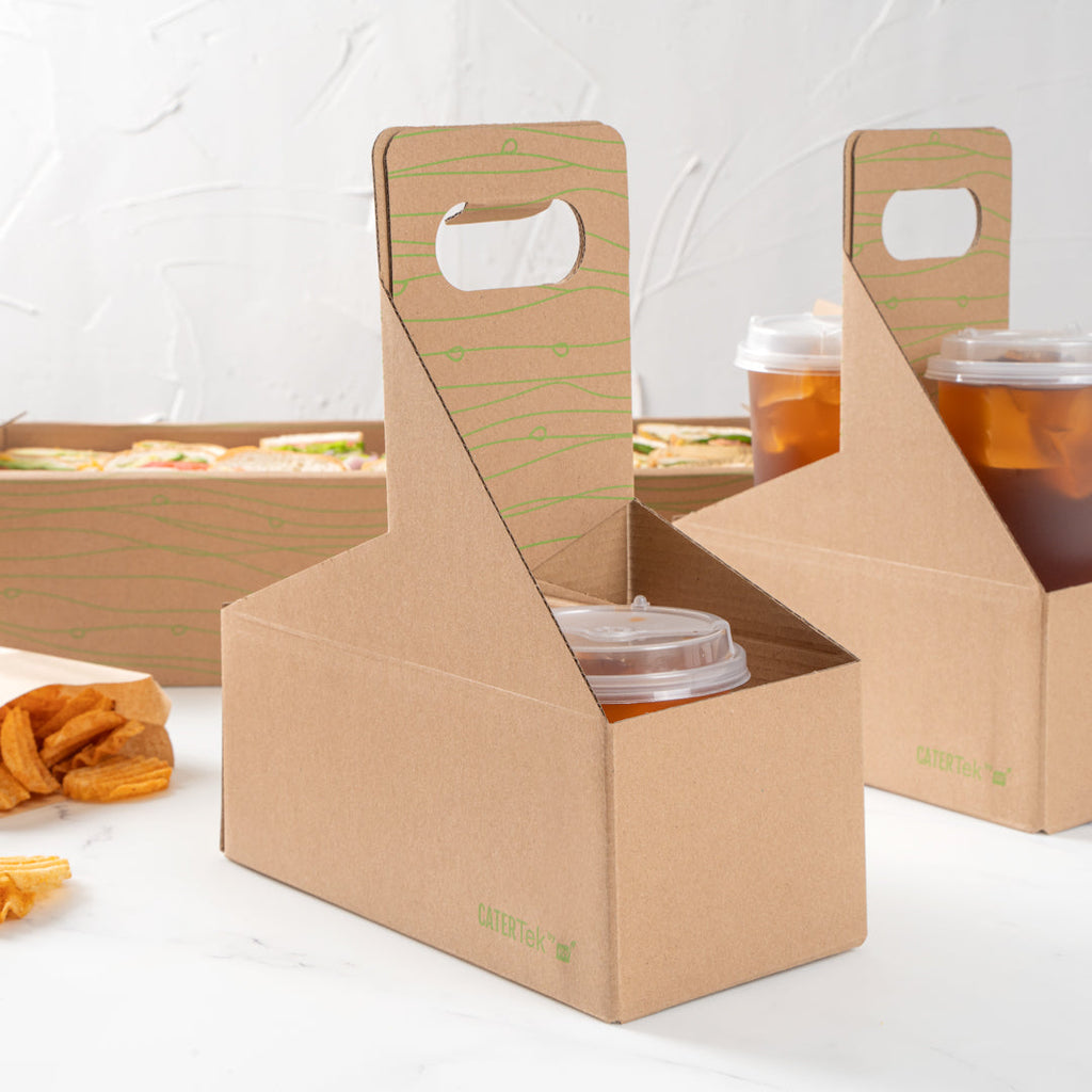 Cater Tek Kraft and Green Paper Drink Carrier - Holds 2 - 9" x 4 1/2" x 4" - 100 count box