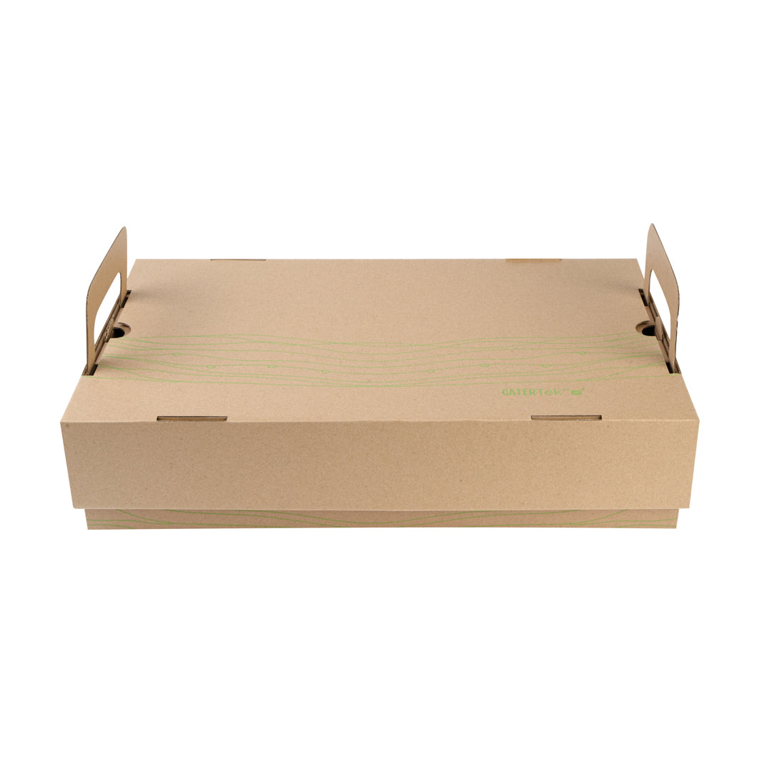 Cater Tek Rectangle Kraft and Green Paper Catering Tray - with Cover - 20" x 11 3/4" x 3 1/4" - 10 count box