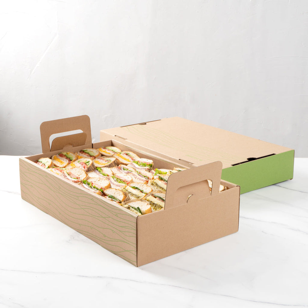 Cater Tek Rectangle Kraft and Green Paper Catering Tray - with Cover - 20" x 11 3/4" x 3 1/4" - 10 count box