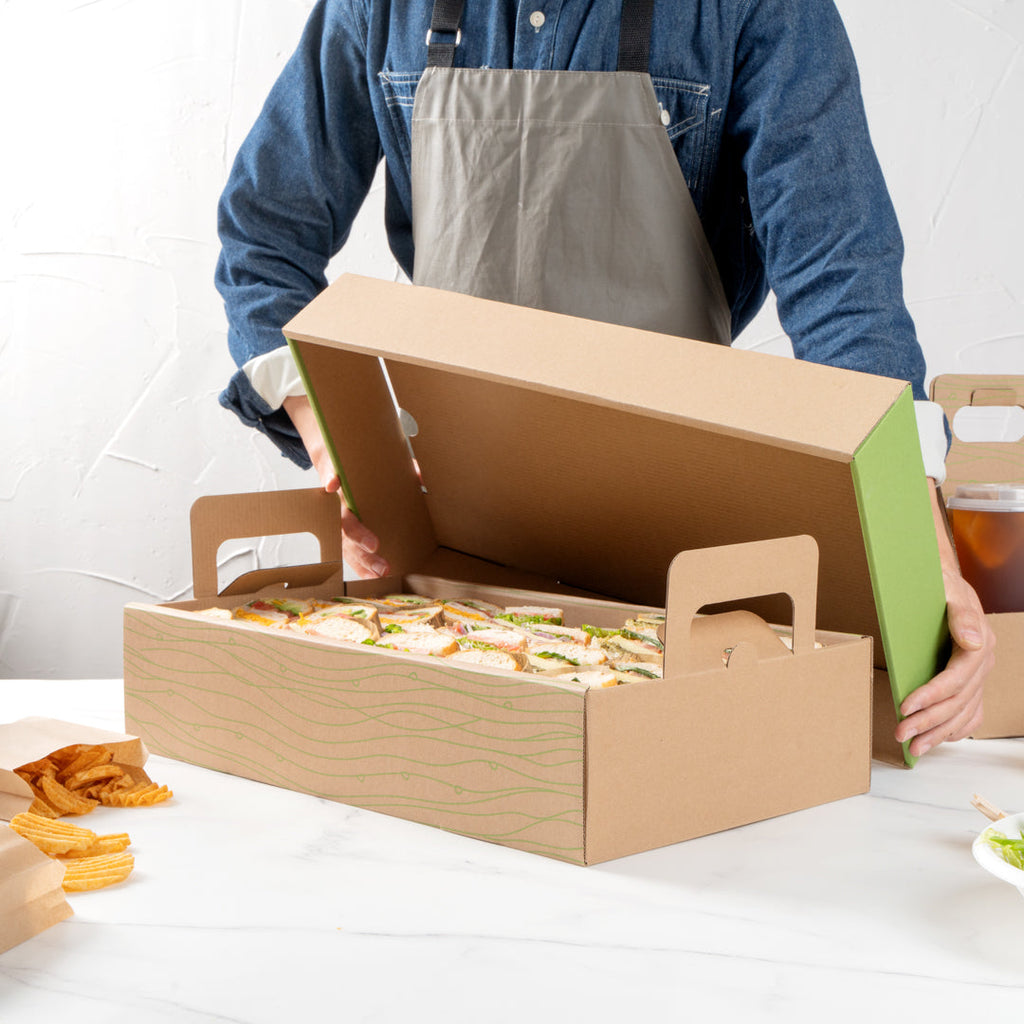 Cater Tek Rectangle Kraft and Green Paper Catering Tray - with Cover - 20" x 11 3/4" x 3 1/4" - 10 count box