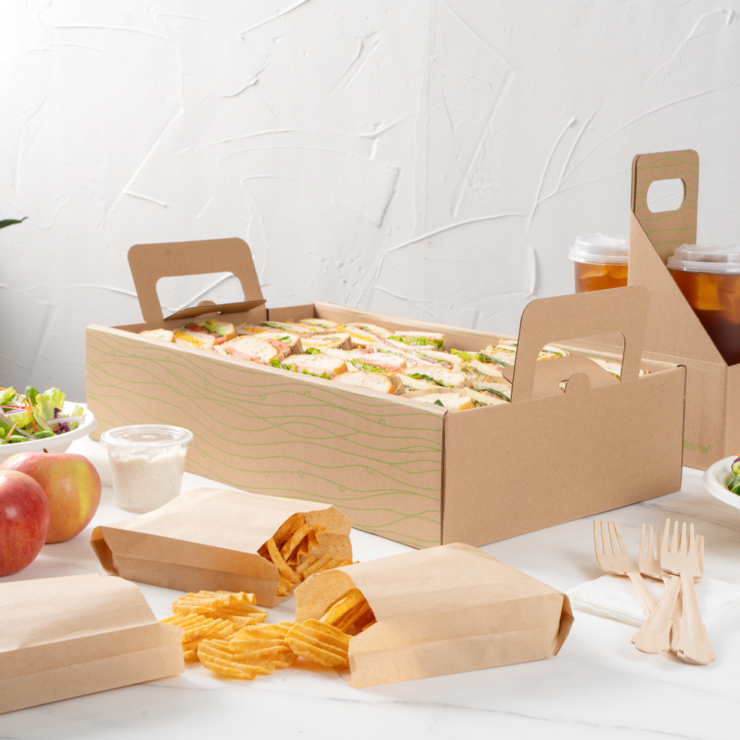 Cater Tek Rectangle Kraft and Green Paper Catering Tray - with Cover - 20" x 11 3/4" x 3 1/4" - 10 count box
