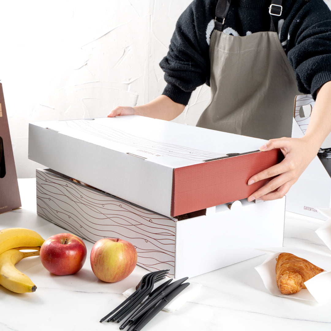 Cater Tek Rectangle White and Brown Paper Catering Tray - with Cover - 20" x 11 3/4" x 3 1/4" - 10 count box