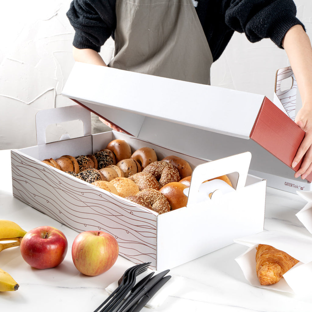 Cater Tek Rectangle White and Brown Paper Catering Tray - with Cover - 20" x 11 3/4" x 3 1/4" - 10 count box