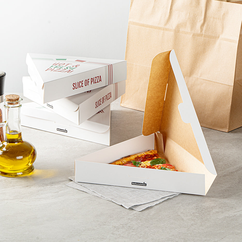 Eco Pie White Paper Pizza Slice Box - Hot & Fresh, Clamshell - 9 1/4" x 10 1/4" x 1 3/4" - 100 count box