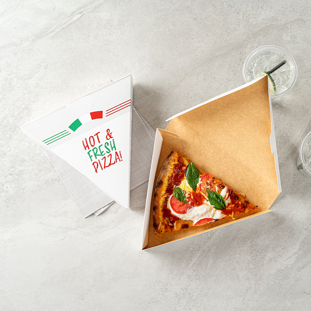 Eco Pie White Paper Pizza Slice Box - Hot & Fresh, Clamshell - 9 1/4" x 10 1/4" x 1 3/4" - 100 count box