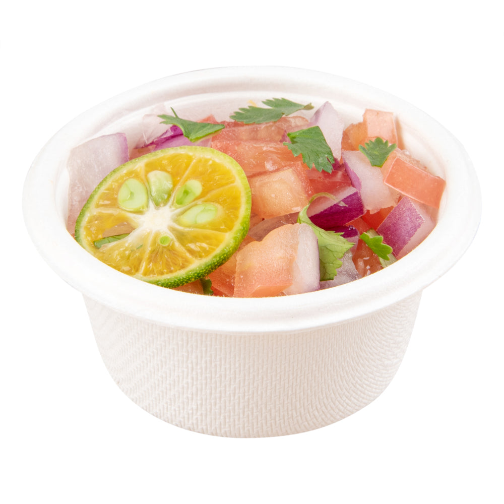 Pulp Tek 2 oz Round White Bagasse Take Out Portion Cup - 2 1/2" x 2 1/2" x 1 1/2" - 2000 count box