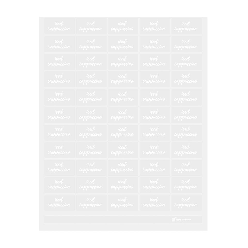 Label Tek Plastic Iced Cappuccino Label - Clear with White Font, Water-Resistant - 2" x 1" - 100 count box