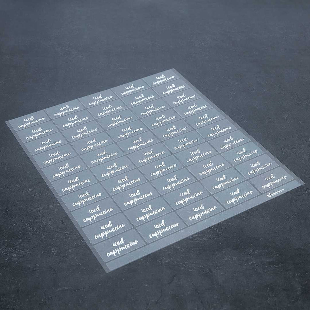 Label Tek Plastic Iced Cappuccino Label - Clear with White Font, Water-Resistant - 2" x 1" - 100 count box