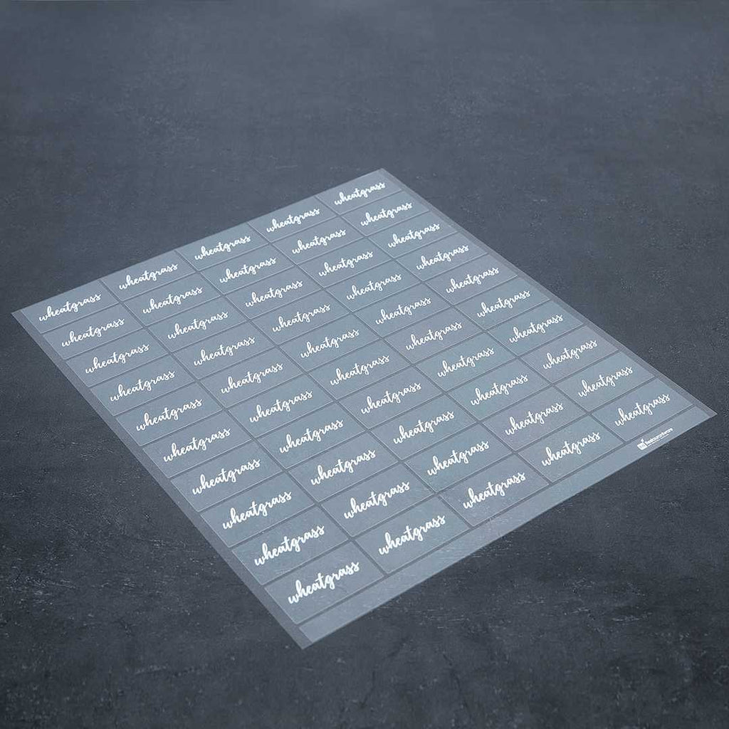 Label Tek Plastic Wheatgrass Label - Clear with White Font, Water-Resistant - 2" x 1" - 100 count box