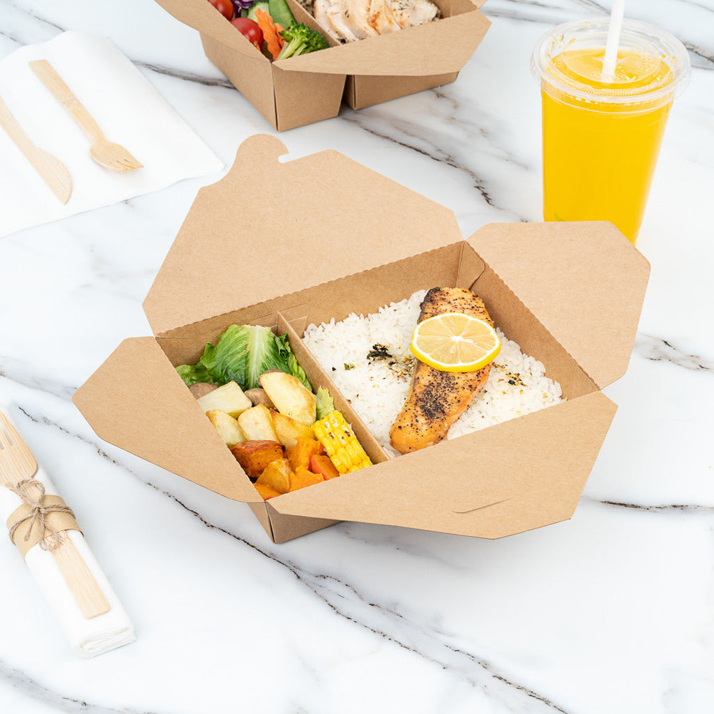 Bio Tek 50 oz Rectangle Kraft Paper #5 Bio Box Take Out Container - 2-Compartment - 8 1/2" x 6" x 1 3/4" - 200 count box