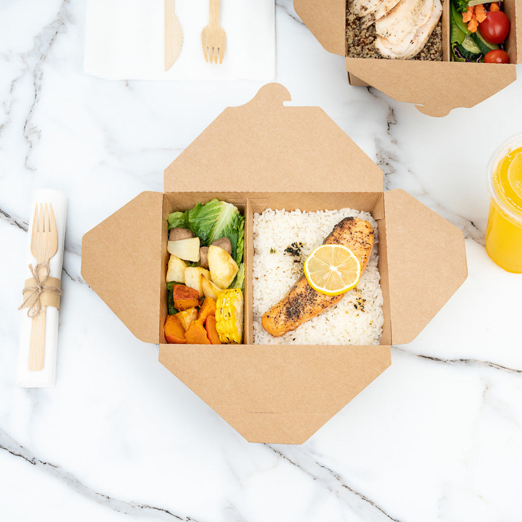 Bio Tek 50 oz Rectangle Kraft Paper #5 Bio Box Take Out Container - 2-Compartment - 8 1/2" x 6" x 1 3/4" - 200 count box
