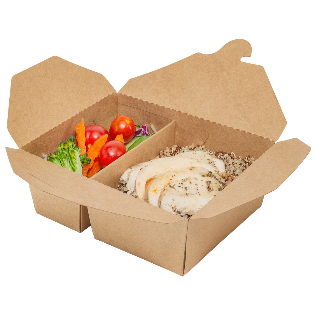 Bio Tek 47 oz Rectangle Kraft Paper #3 Bio Box Take Out Container - 2-Compartment - 6 1/2" x 5 1/4" x 2 1/2" - 200 count box