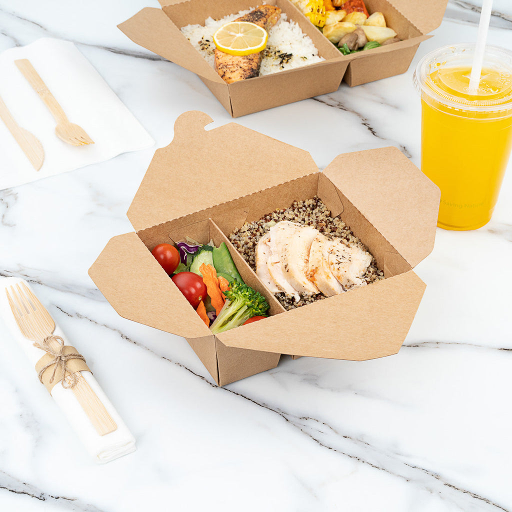 Bio Tek 47 oz Rectangle Kraft Paper #3 Bio Box Take Out Container - 2-Compartment - 6 1/2" x 5 1/4" x 2 1/2" - 200 count box