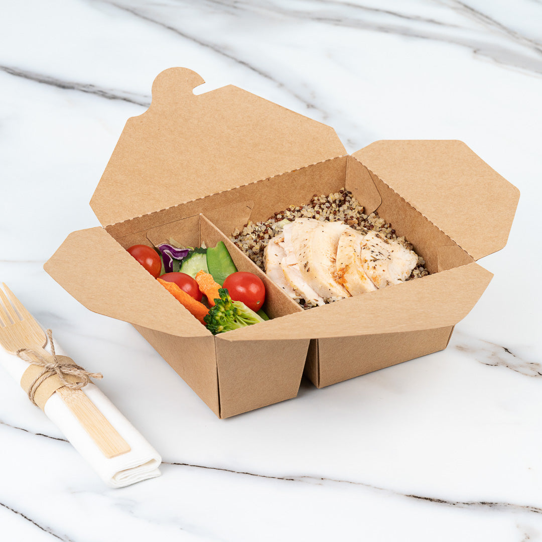 Bio Tek 47 oz Rectangle Kraft Paper #3 Bio Box Take Out Container - 2-Compartment - 6 1/2" x 5 1/4" x 2 1/2" - 200 count box