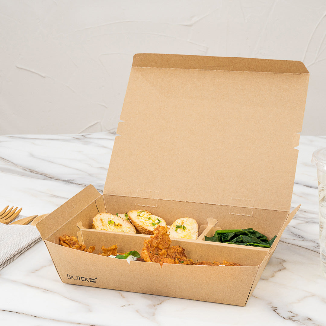 Bio Tek 51 oz Rectangle Kraft Paper Bento Box - 3-Compartment - 9 1/2" x 7 1/2" x 2" - 100 count box