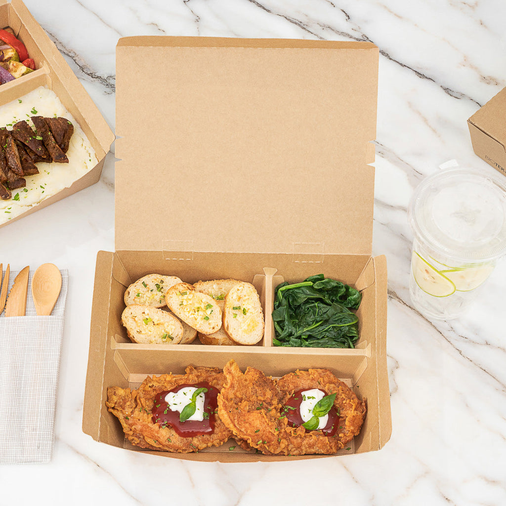 Bio Tek 51 oz Rectangle Kraft Paper Bento Box - 3-Compartment - 9 1/2" x 7 1/2" x 2" - 100 count box