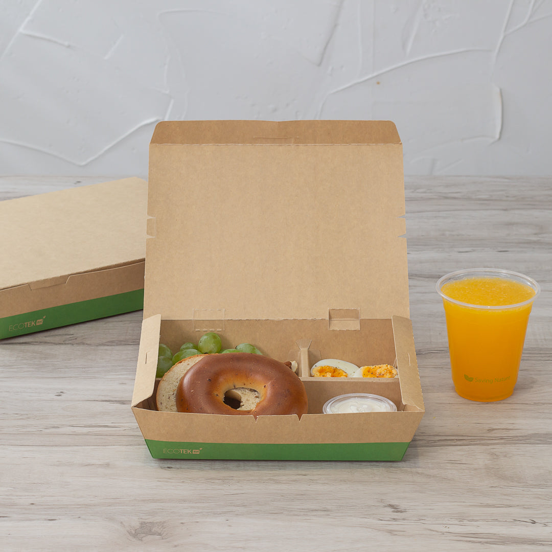 Eco Tek 51 oz Rectangle Kraft and Green Paper Bento Box - 3-Compartment, Compostable - 9 1/2" x 7 1/2" x 2" - 100 count box