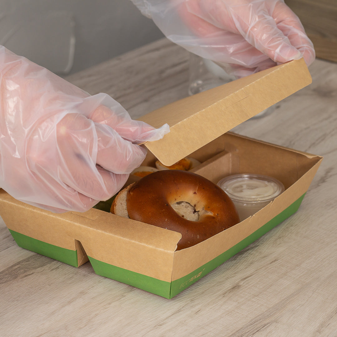 Eco Tek 51 oz Rectangle Kraft and Green Paper Bento Box - 3-Compartment, Compostable - 9 1/2" x 7 1/2" x 2" - 100 count box