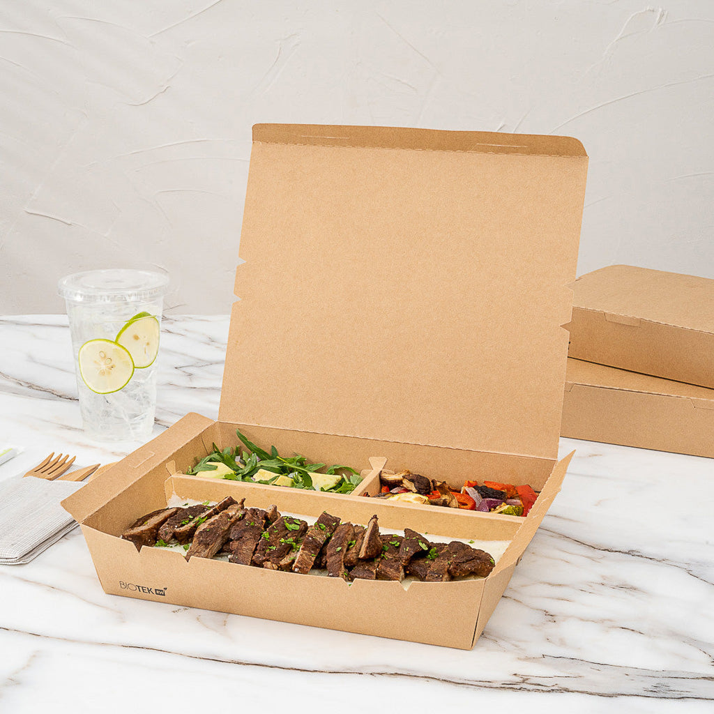 Bio Tek 78 oz Rectangle Kraft Paper Bento Box - 3-Compartment - 11" x 9" x 2" - 100 count box