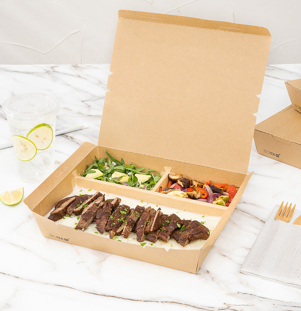 Bio Tek 78 oz Rectangle Kraft Paper Bento Box - 3-Compartment - 11" x 9" x 2" - 100 count box