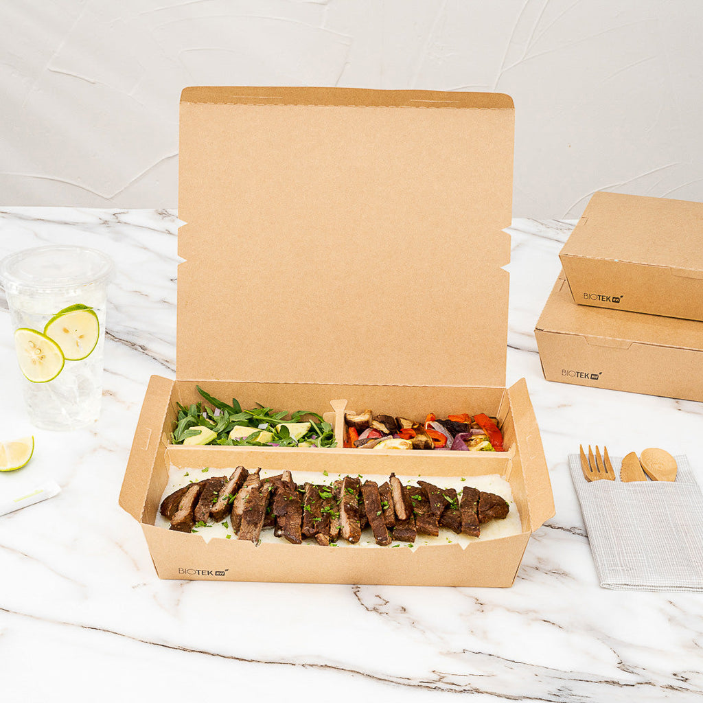 Bio Tek 78 oz Rectangle Kraft Paper Bento Box - 3-Compartment - 11" x 9" x 2" - 100 count box