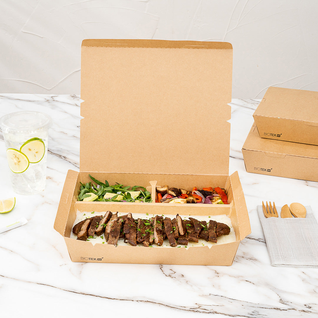 Bio Tek 78 oz Rectangle Kraft Paper Bento Box - 3-Compartment - 11" x 9" x 2" - 100 count box