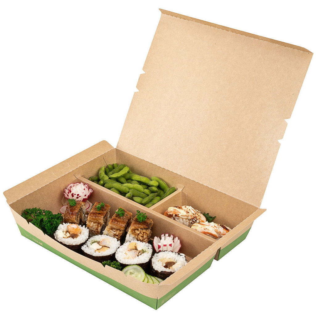 Eco Tek 78 oz Rectangle Kraft and Green Paper Bento Box - 3-Compartment, Compostable - 11" x 9" x 2" - 100 count box