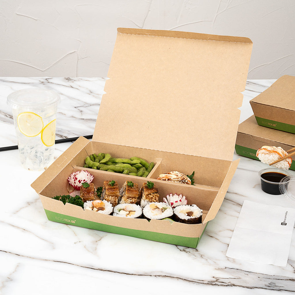 Eco Tek 78 oz Rectangle Kraft and Green Paper Bento Box - 3-Compartment, Compostable - 11" x 9" x 2" - 100 count box