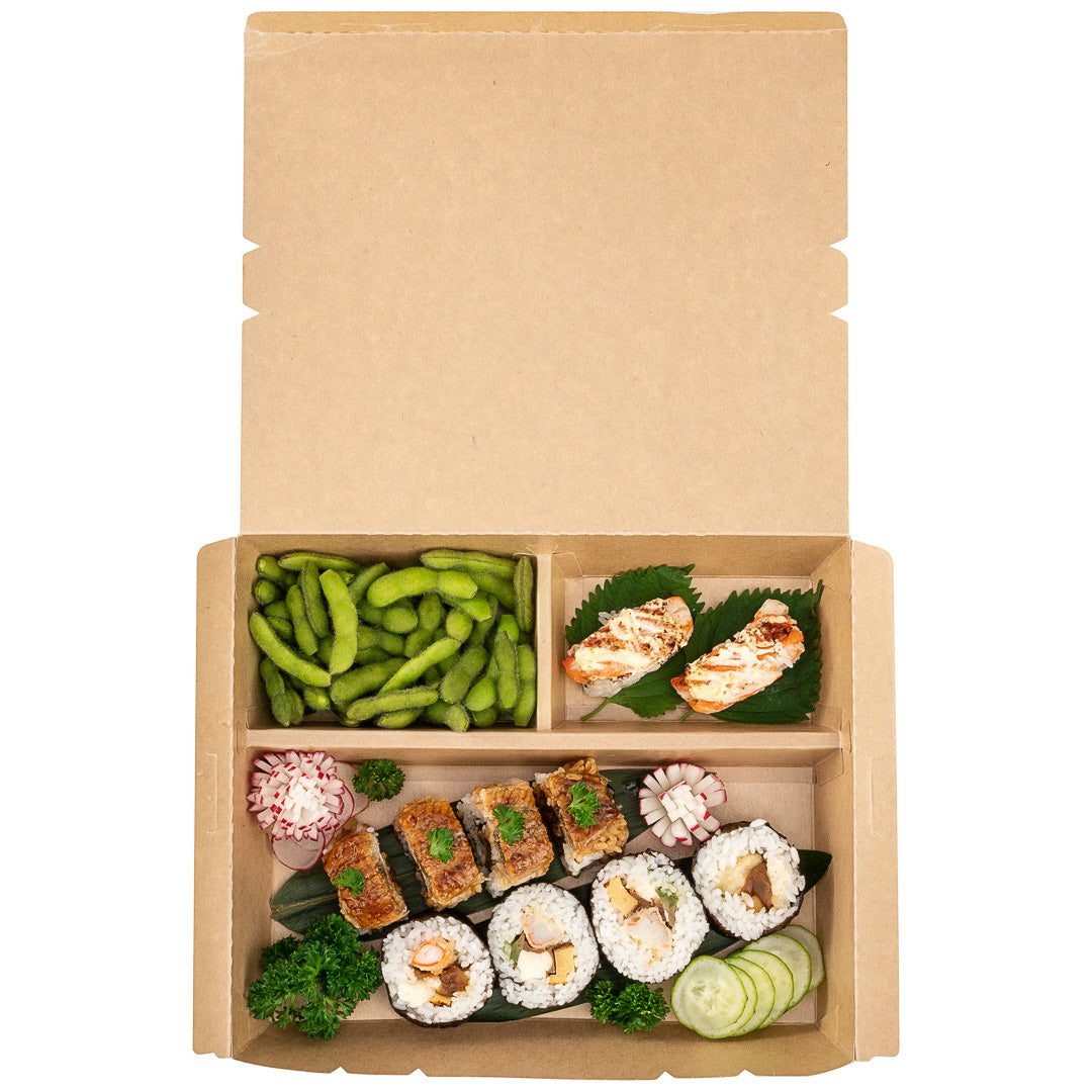 Eco Tek 78 oz Rectangle Kraft and Green Paper Bento Box - 3-Compartment, Compostable - 11" x 9" x 2" - 100 count box
