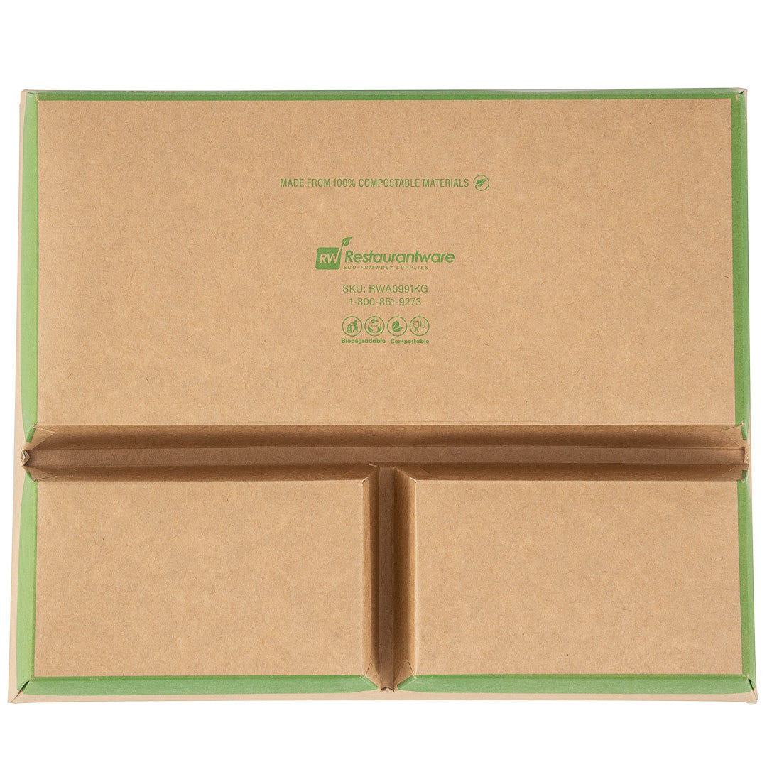 Eco Tek 78 oz Rectangle Kraft and Green Paper Bento Box - 3-Compartment, Compostable - 11" x 9" x 2" - 100 count box