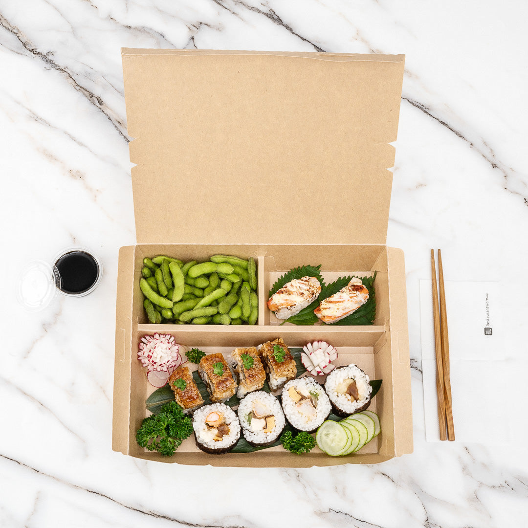 Eco Tek 78 oz Rectangle Kraft and Green Paper Bento Box - 3-Compartment, Compostable - 11" x 9" x 2" - 100 count box
