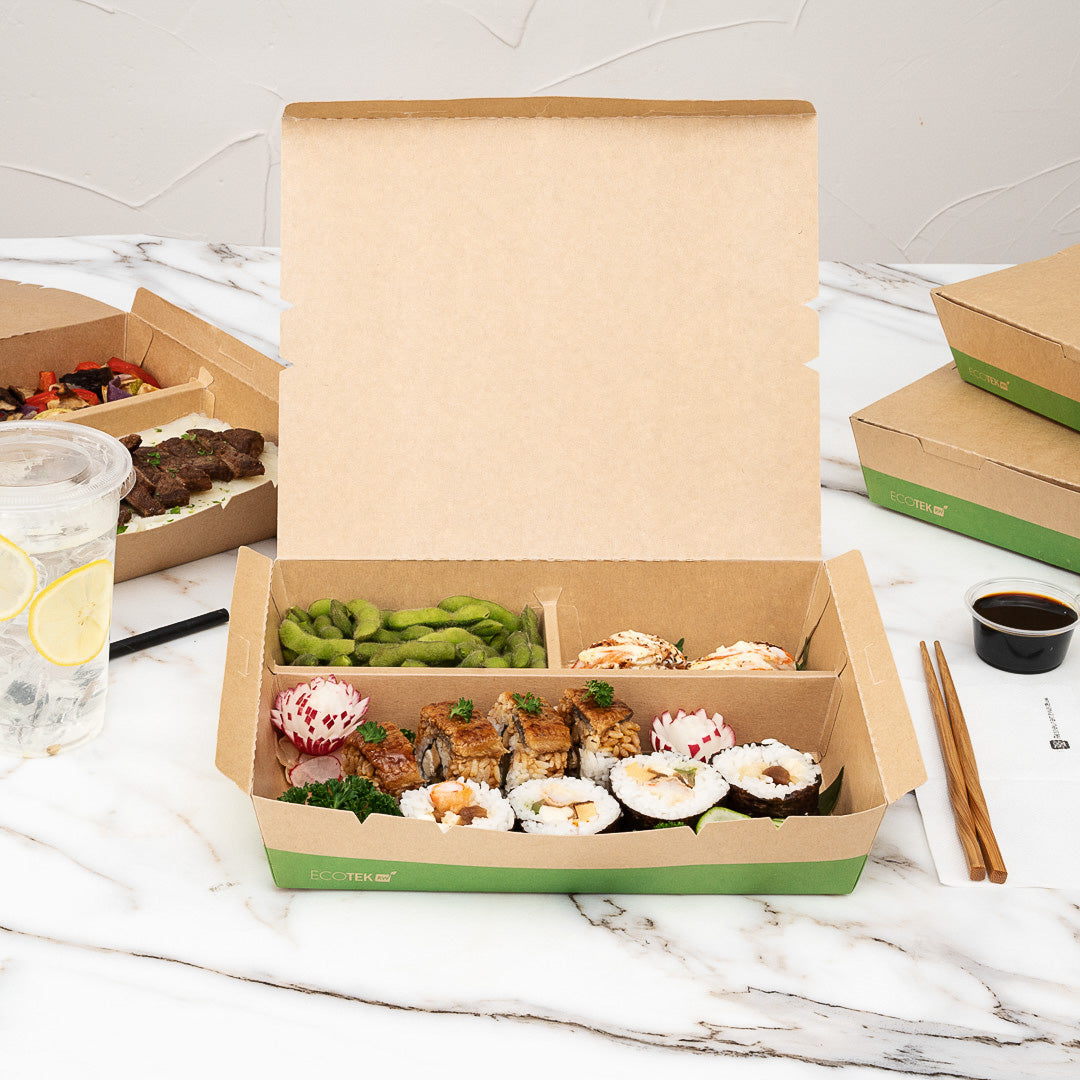Eco Tek 78 oz Rectangle Kraft and Green Paper Bento Box - 3-Compartment, Compostable - 11" x 9" x 2" - 100 count box