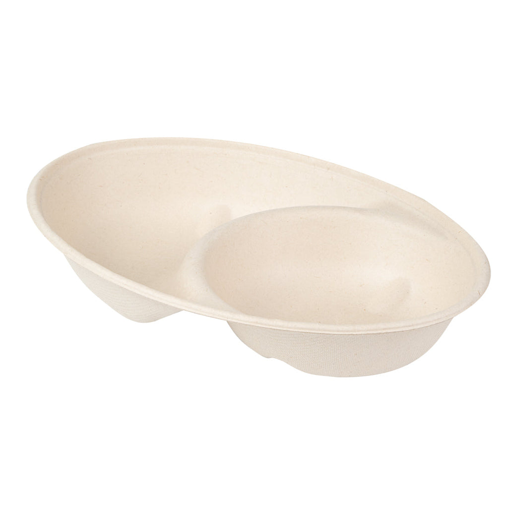 Pulp Tek 21 oz Oval Natural Sugarcane / Bagasse Catering Bowl - 2-Compartment - 9 1/4" x 6 1/2" x 1 1/2" - 100 count box