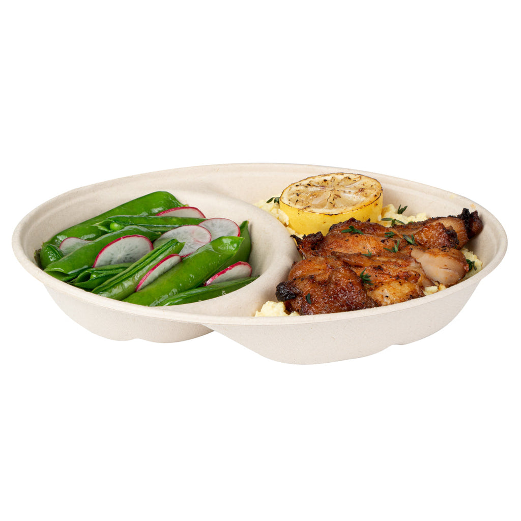 Pulp Tek 21 oz Oval Natural Sugarcane / Bagasse Catering Bowl - 2-Compartment - 9 1/4" x 6 1/2" x 1 1/2" - 100 count box