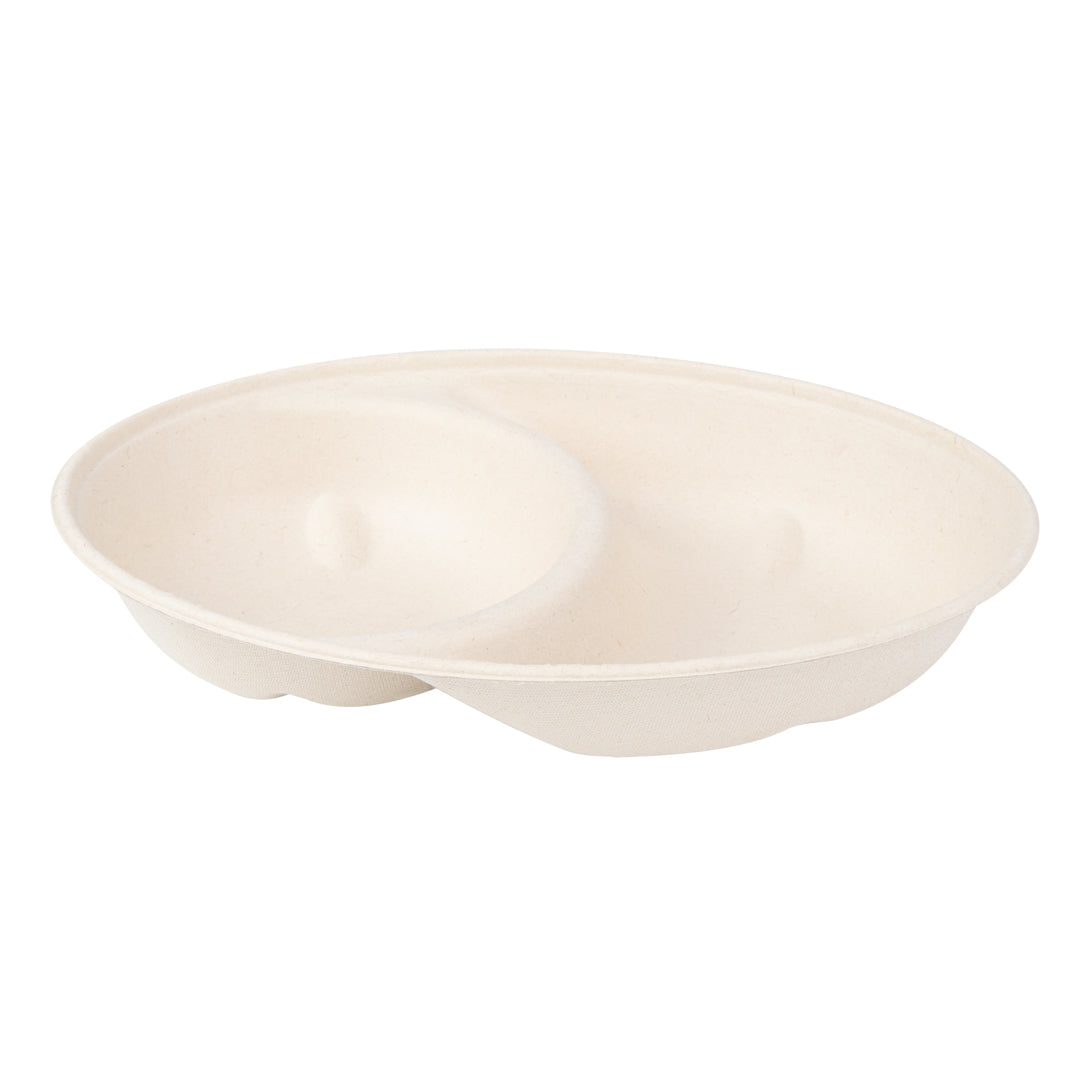 Pulp Tek 21 oz Oval Natural Sugarcane / Bagasse Catering Bowl - 2-Compartment - 9 1/4" x 6 1/2" x 1 1/2" - 100 count box