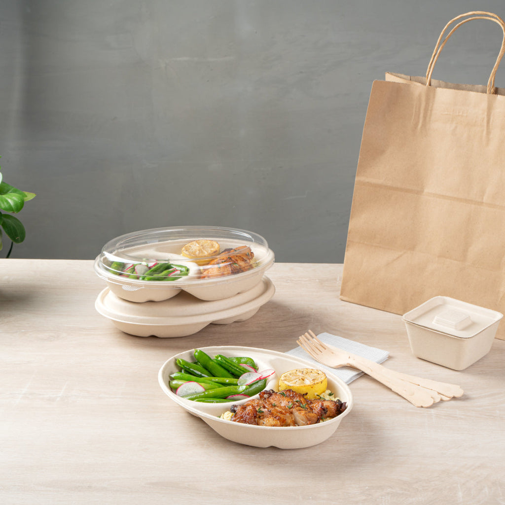 Pulp Tek 21 oz Oval Natural Sugarcane / Bagasse Catering Bowl - 2-Compartment - 9 1/4" x 6 1/2" x 1 1/2" - 100 count box