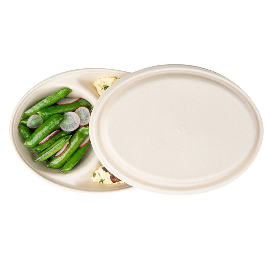 Pulp Tek Oval Natural Sugarcane / Bagasse Lid - Fits 2-Compartment Catering Bowl - 100 count box