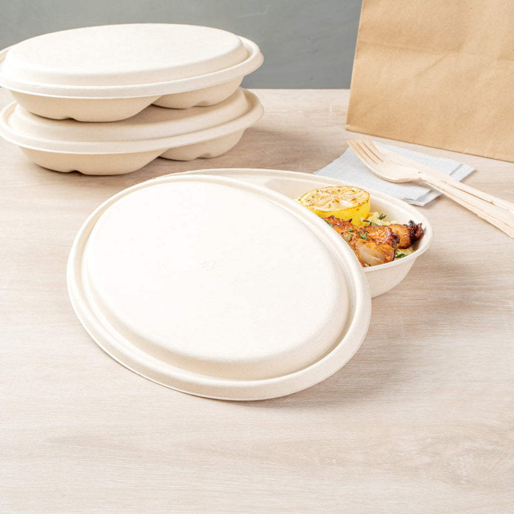 Pulp Tek Oval Natural Sugarcane / Bagasse Lid - Fits 2-Compartment Catering Bowl - 100 count box