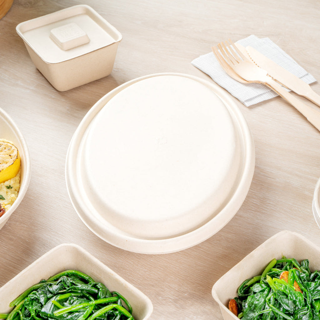 Pulp Tek Oval Natural Sugarcane / Bagasse Lid - Fits 2-Compartment Catering Bowl - 100 count box
