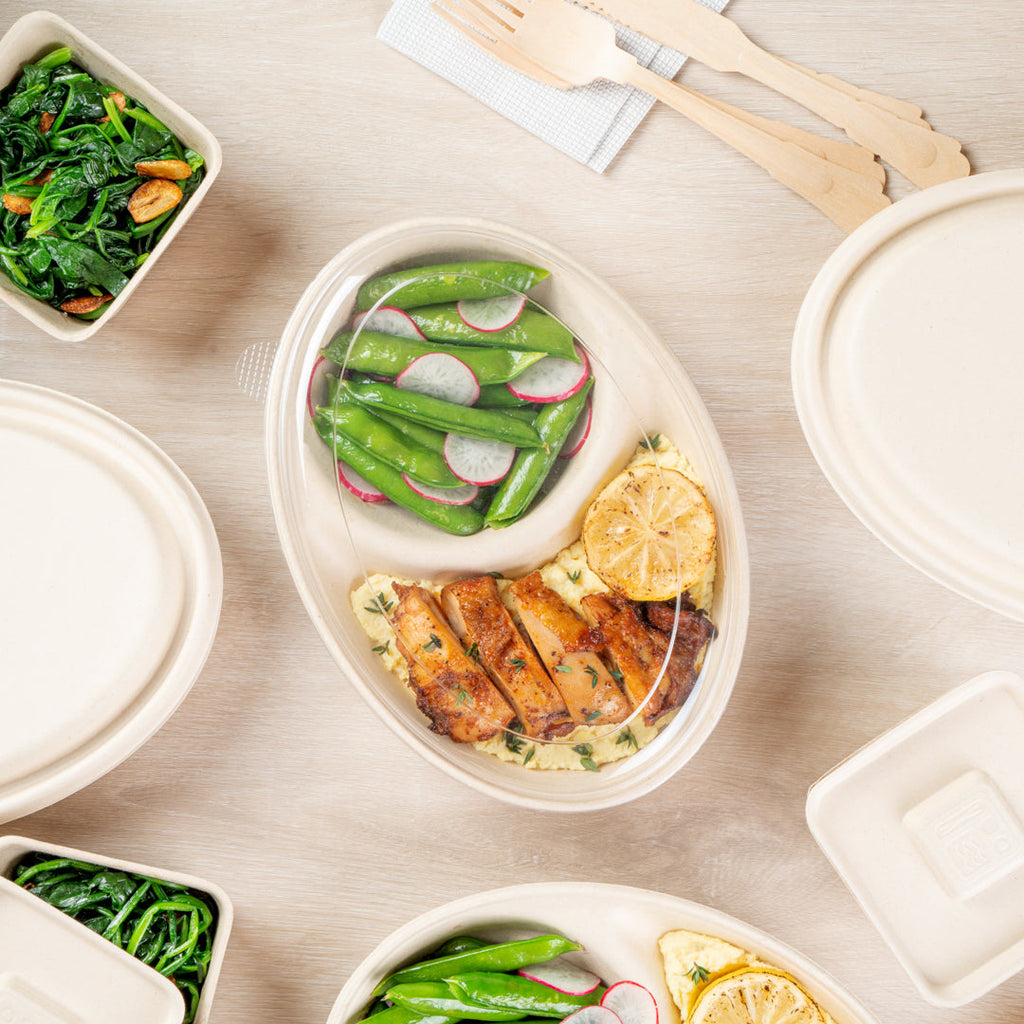 Pulp Tek Oval Clear Plastic Lid - Fits 2-Compartment Bagasse Catering Bowl - 100 count box
