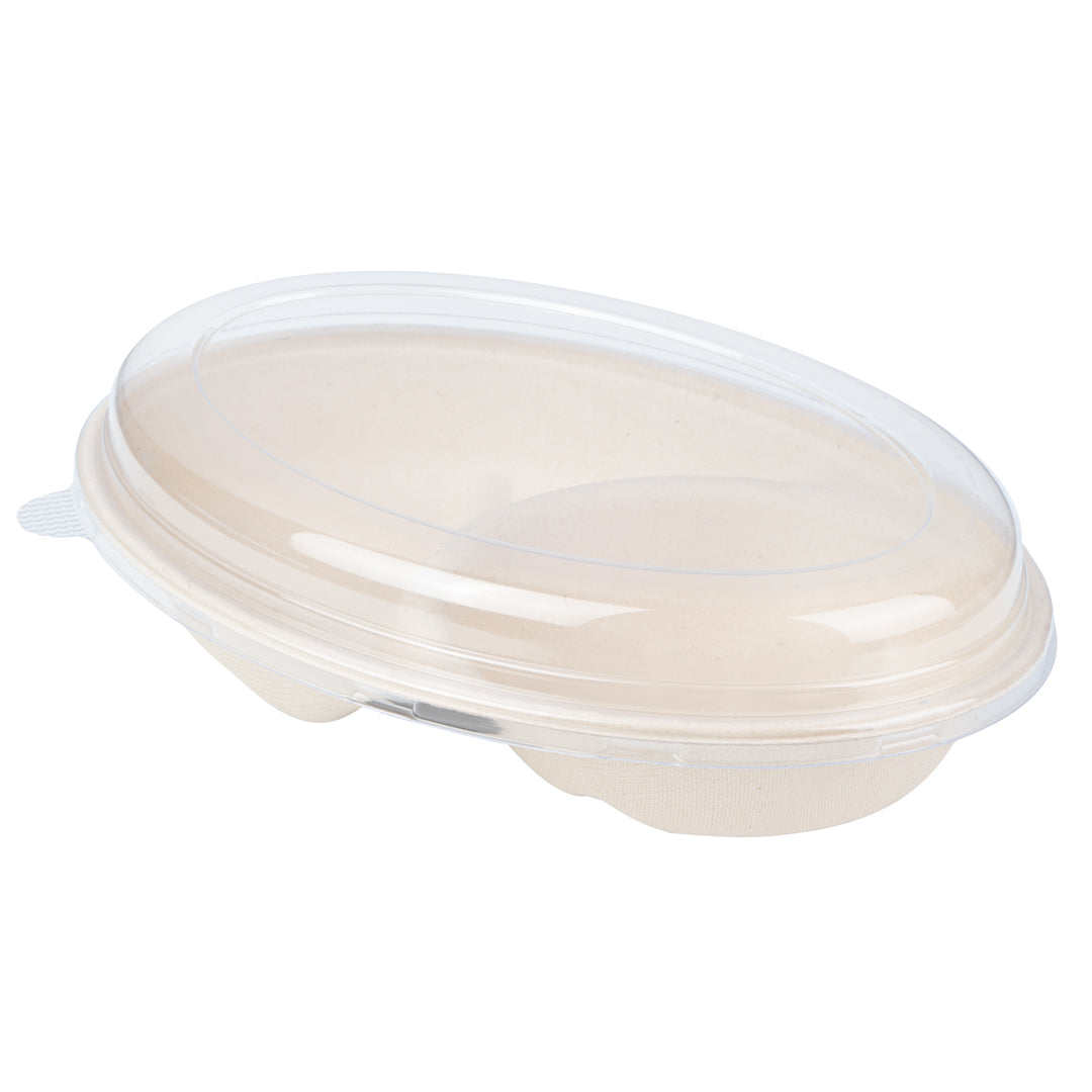 Pulp Tek Oval Clear Plastic Lid - Fits 2-Compartment Bagasse Catering Bowl - 100 count box