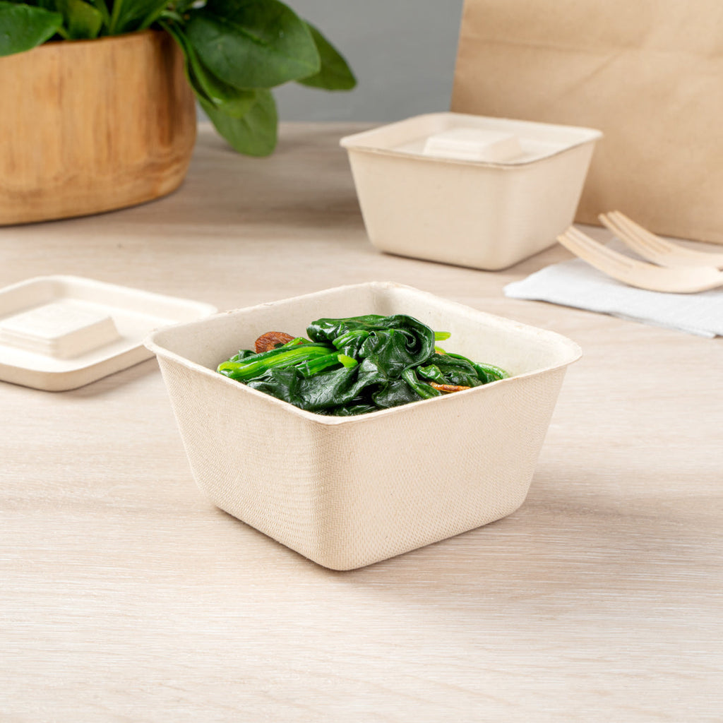 Pulp Tek 9 oz Square Natural Sugarcane / Bagasse Bowl - 3 3/4" x 3 3/4" x 2" - 100 count box