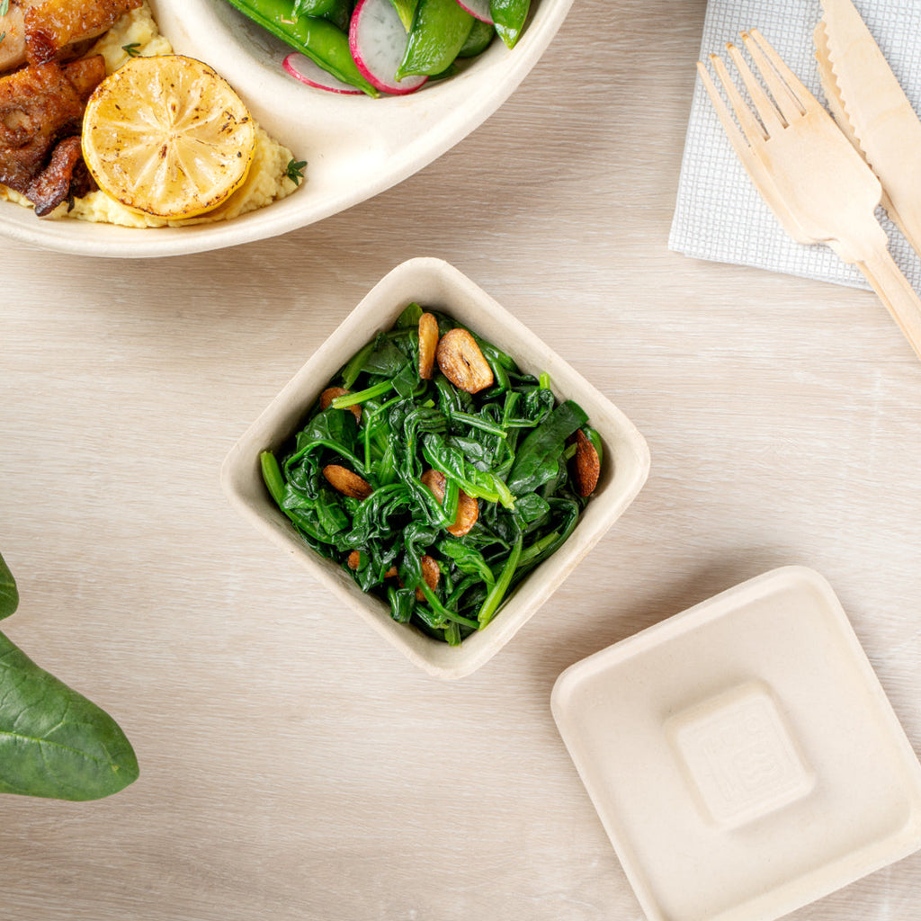 Pulp Tek 9 oz Square Natural Sugarcane / Bagasse Bowl - 3 3/4" x 3 3/4" x 2" - 100 count box