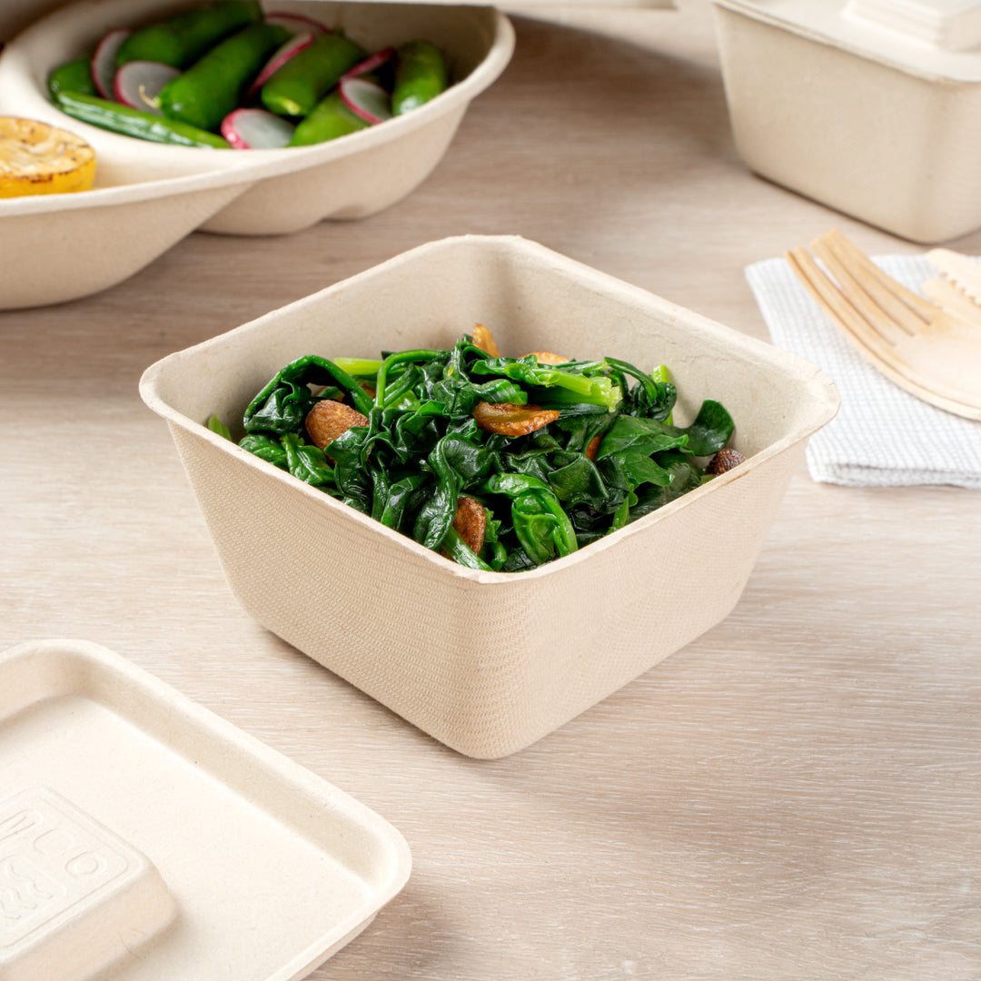 Pulp Tek 9 oz Square Natural Sugarcane / Bagasse Bowl - 3 3/4" x 3 3/4" x 2" - 100 count box
